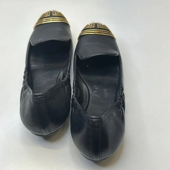 Tory Burch Ballet Flats Slip On Scrunch Back T Logo Leather Black Gold Size 7 - Picture 5 of 11